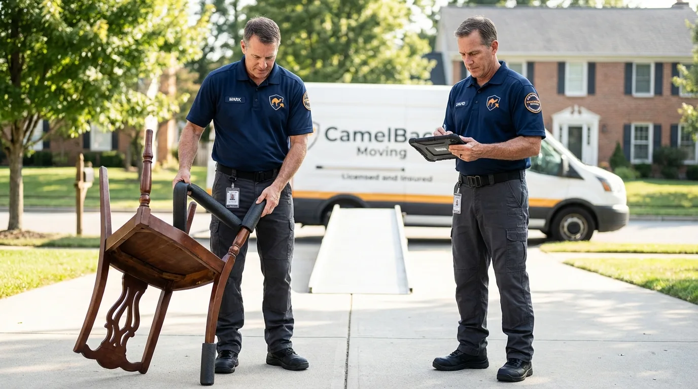 Movers inspecting furniture for damage prevention before loading in Antwerp, OH